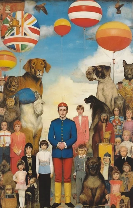 masterpiece,best quality,<lora:tbh284-sdxl:0.9>,illustration,style of Peter Blake animals