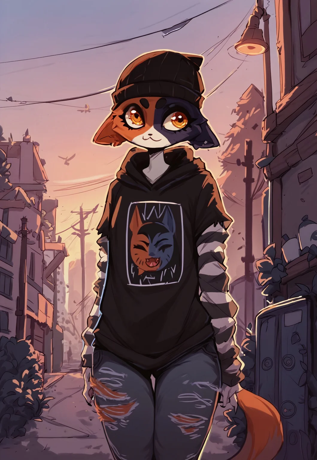 score_9, score_8_up, score_7_up, 1girl, Meowskullsxl, anthro, cat girl, animal ears, skinny, tamaytka, multicolored fur, black fur, orange fur, orange eyes, beanie, printed hoodie, striped sleeves, torn jeans,