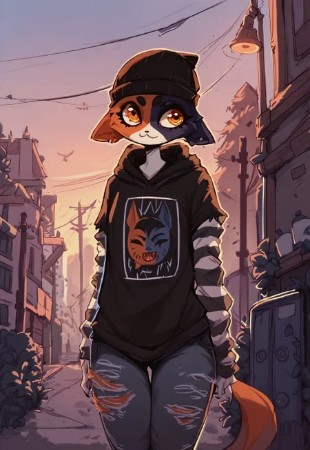 score_9, score_8_up, score_7_up, 1girl, Meowskullsxl, anthro, cat girl, animal ears, skinny, tamaytka, multicolored fur, black fur, orange fur, orange eyes, beanie, printed hoodie, striped sleeves, torn jeans,