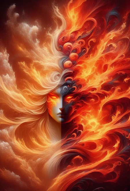 2d art, intricate detail, left hand side white/right hand side orange red, maximalist scary beautiful watercolour, water element, fire deity, flowing flames fire, flames fire theme, red/black/gold fantasy art warm colours white/ red orange black/ golden orange flame flowers, head and shoulders details anthropomorphic , 8k resolution concept art portrait by Greg Rutkowski, Artgerm, WLOP, Alphonse Mucha dynamic lighting hyperdetailed intricately detailed Splash art trending on Artstation triadic colors Unreal Engine 5 volumetric lighting