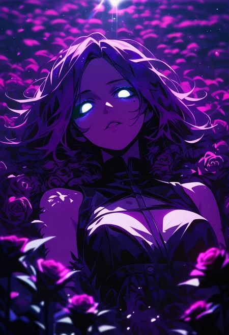 score_9, score_8_up, score_7_up, score_6_up, NLSTN, 1girl, solo, glowing, mole under eye, parted lips, purple hair, looking at viewer, purple theme, glowing eyes, white eyes, short hair, lying in a field with roses with roses, ((lens flares)), highlights, rays, detailed, masterpiece, depth of field, lying on the stomach, breasts pressed, glowing, dark