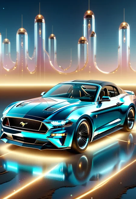 A futuristic car made entirely of transparent crystal that has hints of a 1966 Ford Mustang convertible. It is entirely made out of transparent glass crystal, ultra detailed, enhanced, prismatic colors, render, CRU, sharp, 8k, octane render, cinema 4d, blender, dark, atmospheric 4k ultra detailed, cinematic, Sharp focus, big depth of field, Masterpiece, colors, 3d octane render, 4k, concept art, hyperrealistic, Vivid colors, extremely detailed 8k wallpaper, Intricate, High Detail. Car has square LED headlights, a glowing LED Ford mustang emblem. LED running lights Car is in a futurist high tech dealer showroom on a circular platform that is lit from below. The car has several spotlights on it which only enhance the crystal. camera is looking down and sideways as the car.