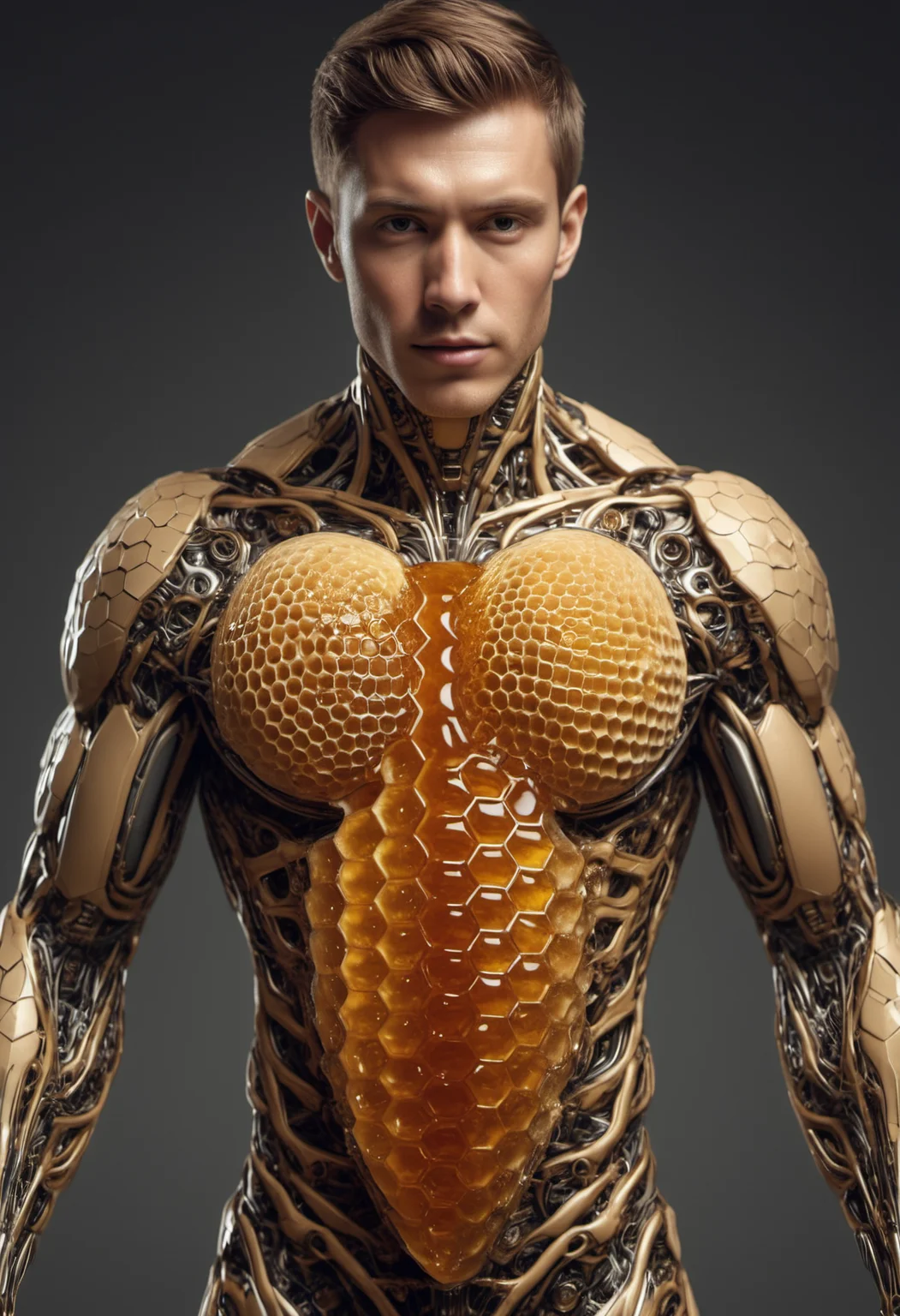 a man [wearing an unzipped open leather jacket : , vertical unzipped body, revealing an inner honeycomb pattern and a heart made of honey: 4], symmetrical, Photorealistic, Hyperrealistic, Hyperdetailed, analog style, detailed skin, matte skin, soft lighting, subsurface scattering, realistic, heavy shadow, masterpiece, best quality, ultra realistic, 8k, golden ratio, Intricate, High Detail, film photography, soft focus <lora:TransformersStyleXL:1> TransformersStyle