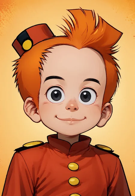 score 9, score 8, score 7, 1boy, solo, Spirou, solo, 1boy, orange hair, black eyes, red hat, red shirt, knva, smile, looking at viewer, halftone effect, retro artstyle, portrait, upper body, face focus,