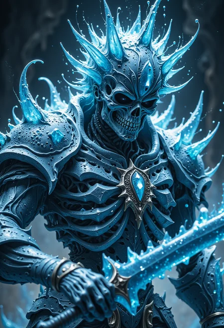 cinematic film still low angle shot, Skeleton ice king, ice like glass, frosty, ornate ice armor, large crown of sharp ice shards, using Broncolor Flash, ice flame in one hand, ornate ice sword in the other hand, eerie, mystical, ice desert background, <lora:FredFraiStyle-FLUX-Share.safetensors:1.0>, FredFraiStyle, Knight, Armor <lora:DnDDarkestFantasy.safetensors:1.0>, ArsMJStyle, dnddarkestfantasy <lora:flux_vividizer.safetensors:1.0>, . shallow depth of field, vignette, highly detailed, high budget, bokeh, cinemascope, moody, epic, gorgeous, film grain, grainy