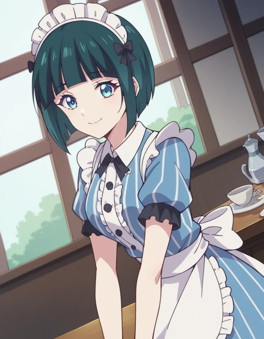 score_9, score_8_up, score_7_up, source_anime, <lora:shiragiku-ono-s1-ponyxl-lora-nochekaiser:1>, shiragiku ono, short hair, bangs, blue eyes, green hair, blunt bangs, bob cut,, dress, bow, short sleeves, frills, striped, apron, maid, maid headdress, blue dress, waist apron, white apron, vertical stripes, indoors, restaurant,, bent over, smile, looking at viewer, solo,, cowboy shot, dutch angle
