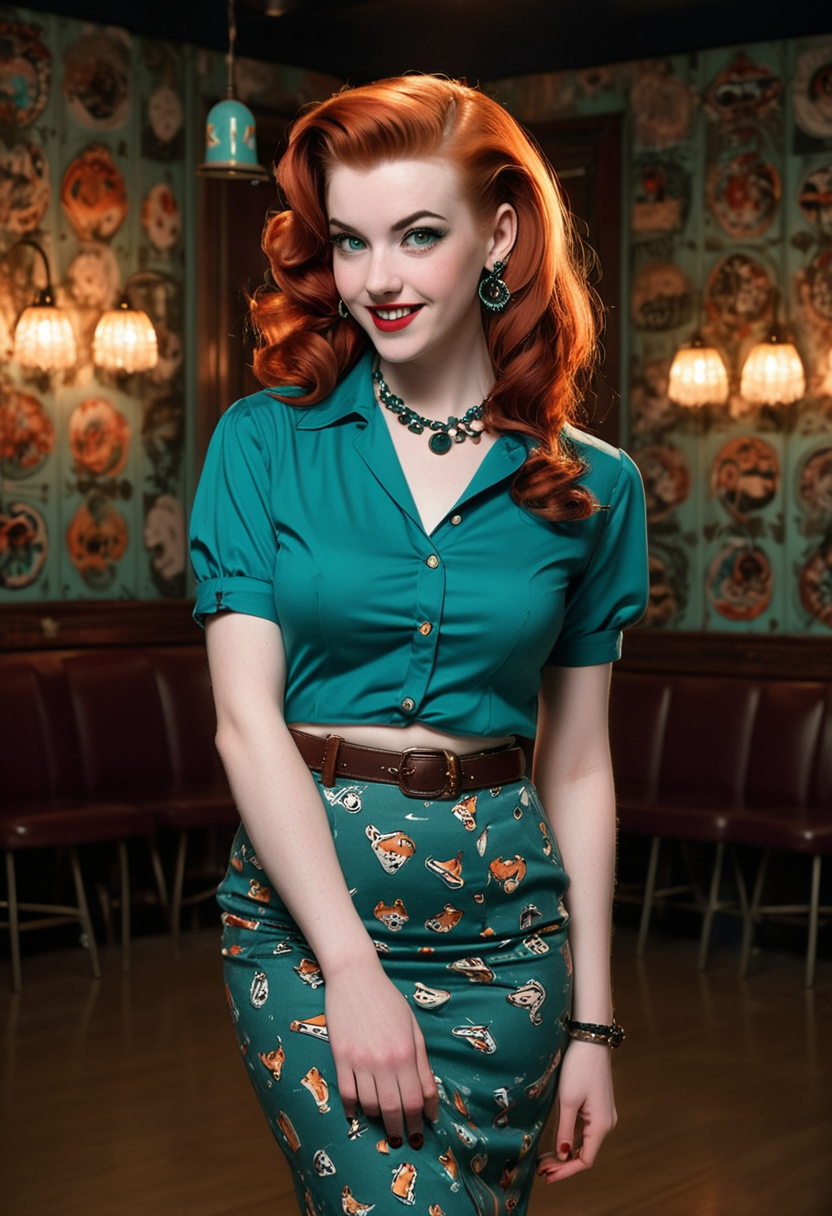 (medium full shot) of (retro rockabilly) young woman, lithe build, extra long ginger shag cut hair, american, pale skin, dark green eyes, wearing a teal knotted blouse, pencil skirt with bold prints, kitten heels, eyeliner, bangle bracelets leather belt, set in  an elegant dance hall, with sophisticated decor, chic lighting, stylish seating, and classic dance floor, woman smiling, ,Masterpiece,best quality, raw photo, realistic, very aesthetic, dark