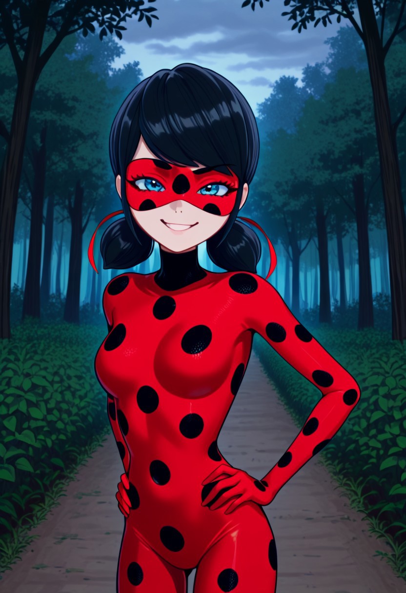 bright colors, detailed background,, volumetric light, vivid colours, standing,
looking at viewer, outdoors, overcast, dark, forest, vines, ponypositive, solo, solo focus, open hands on hip, single eyebrow lifted, smirk,
Miraculous, red suit with black spots all over her body, red mask covering her eyes, shoulder-length black hair with blue reflections tied back in pigtails, bright bluebell eyes,
Smooth Quality,
best quality, hyper detailed, ambient stylish expressive lighting, absolutely eye-catching masterpiece, body extremely close-up view, (facing viewer), forward, face extremely close-up shot, chest focus, selfie,