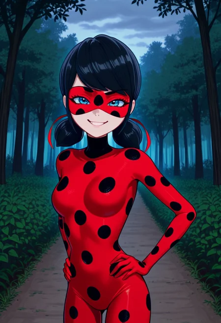 bright colors, detailed background,, volumetric light, vivid colours, standing,
looking at viewer, outdoors, overcast, dark, forest, vines, ponypositive, solo, solo focus, open hands on hip, single eyebrow lifted, smirk,
Miraculous, red suit with black spots all over her body, red mask covering her eyes, shoulder-length black hair with blue reflections tied back in pigtails, bright bluebell eyes,
Smooth Quality,
best quality, hyper detailed, ambient stylish expressive lighting, absolutely eye-catching masterpiece, body extremely close-up view, (facing viewer), forward, face extremely close-up shot, chest focus, selfie,