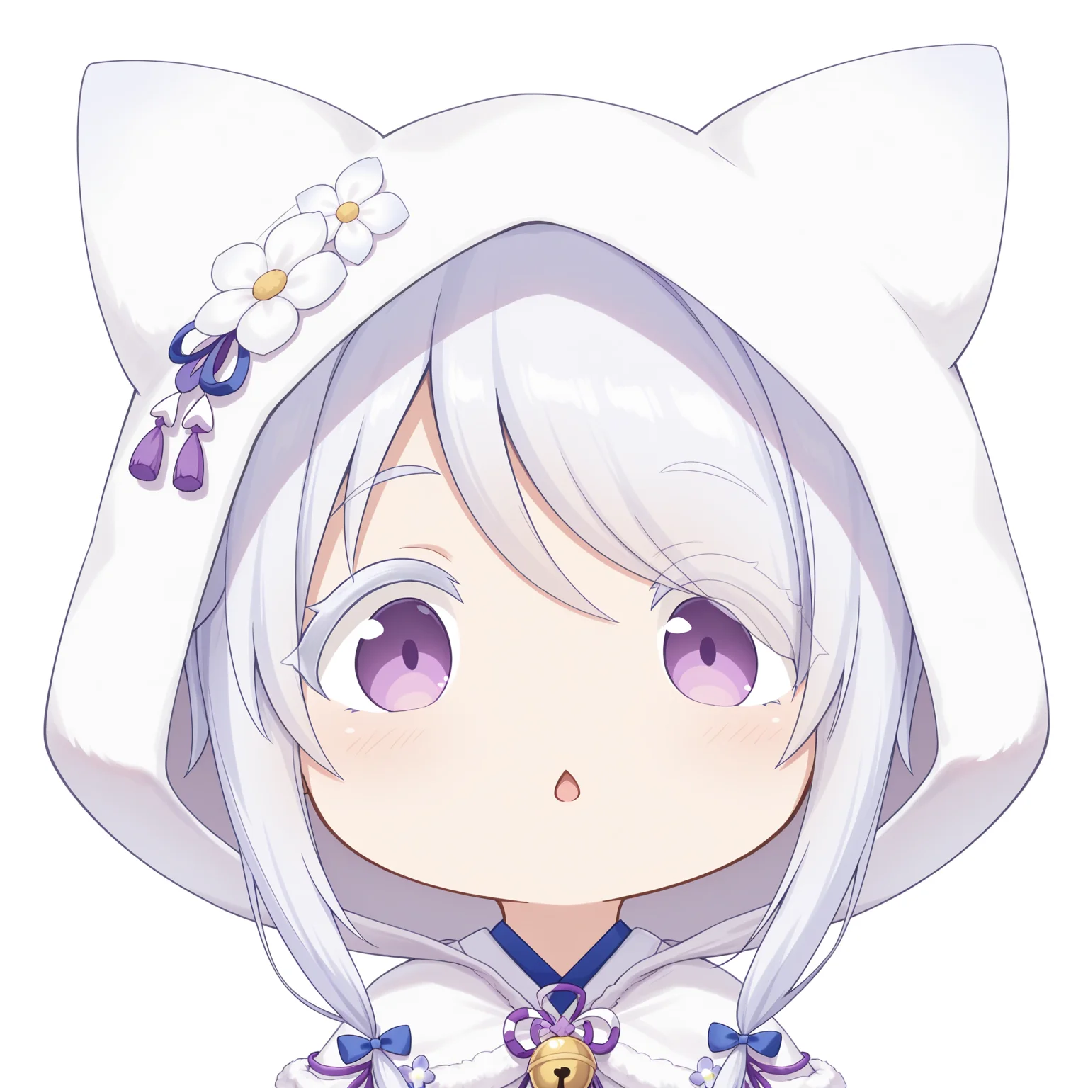 masterpiece,best quality,newest,absurdres,highres,1girl,no nose,solo,mutsuki face \(blue archive\),portrait,chibi,<lora:mutsukifacebaillusxl:0.8>,
((chestnut mouth,wide-eyed,curious)),looking down,
<lora:Uranami_AZ_illuV01_b3g2plw02c08_d16a8ppsf_lr800s2_rvs:1>,
Uranami_AZ,white fox ear hood,white hair,swept bangs,sidelocks,blue bow on sidelocks,purple eyes,white eyelashes,white flower ornament,japanese clothes,blue lapels,white fur trim cape,white flower,two-tone ribbon,purple tassel,neck bell,