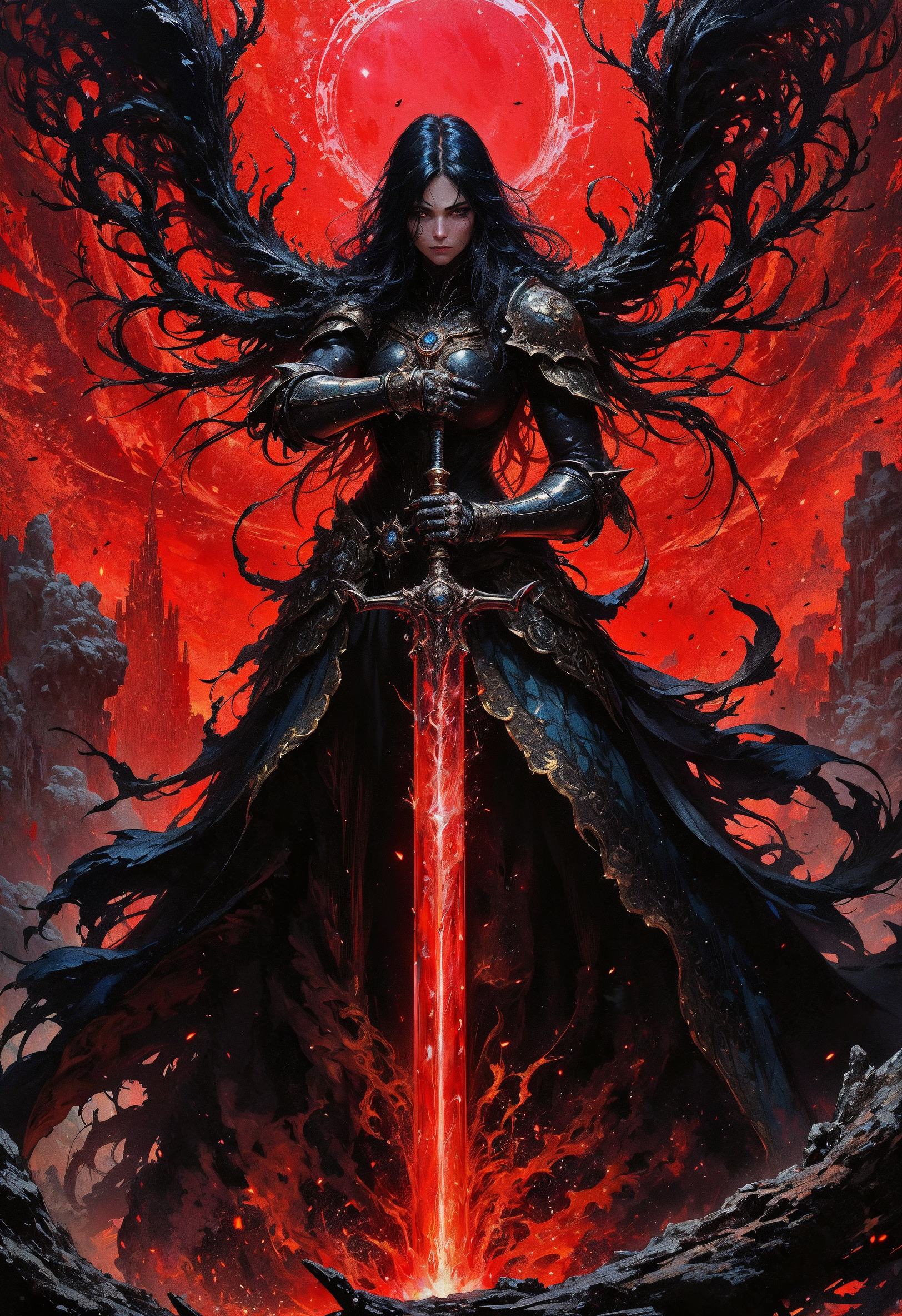 (in Krenz Cushart style:1.2), high-quality, masterpiece, A spectral warrior, her face twisted in a silent scream of rage, the camera capturing every crack in her armor and every flicker of her fiery eyes, The background dissolves into smoke and glowing embers as her gauntleted hand rises just outside the frame gripping an unseen weapon, The focus is on her expression highlighted by the sharp glow of spectral flames around her, high contrast, dramatic close-up, glowing firelight, intense focus, (elaborate fine details:1.1), (elaborately detailed attire with extraordinary elements:1.1), (hyperdetailed:1.1), (intricate details:1.0), (Refined details:1.1), (best quality:1.1), (high resolution:1.2)
