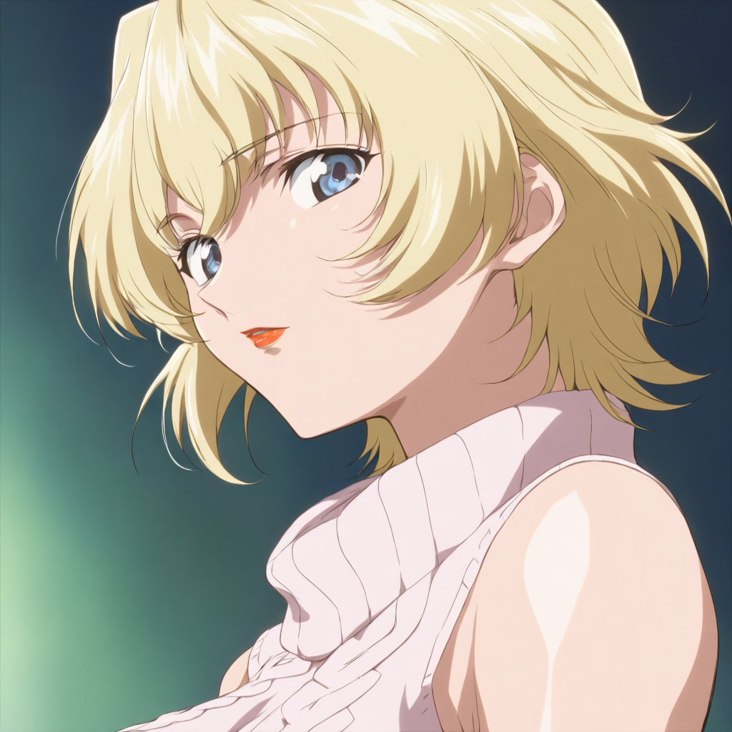 masterpiece,1girl,solo,looking at viewer,turtleneck,sleeveless,sweater,<lora:Youuka_Konishi ag4o v1:1> youuka_konishi, blonde hair, short hair, blue eyes, lipstick,