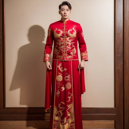 (8k, RAW photo, best quality, masterpiece:1.2), (realistic, photo-realistic:1.4), ultra-detailed, (young male internet celebrity),masculine style,perfect detail , make up,(full body:1.5),chinese style architecture,a man, a chinese dress with a dragon on it,<lora:nzshs-10:0.7>
