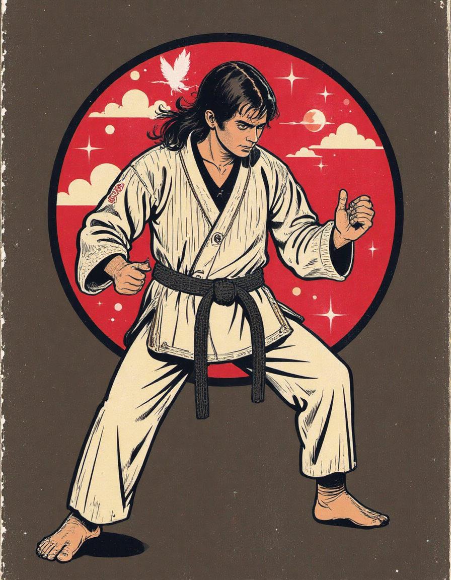 an illusttation of a black belt practicing karate, dynamic composition, cinematic lighting, studio quality, in the style of st3v3n_r0hod3s