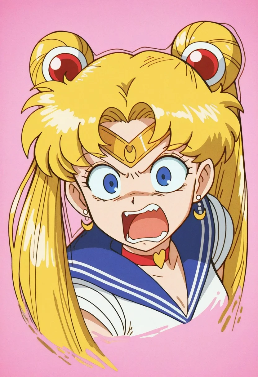masterpiece, best quality, amazing quality, very aesthetic, noise, very awa, Astrodaimus, fisheye view.
sailor moon, blonde hair, blue eyes, open mouth, aggressive, surprised, angry.
pink background