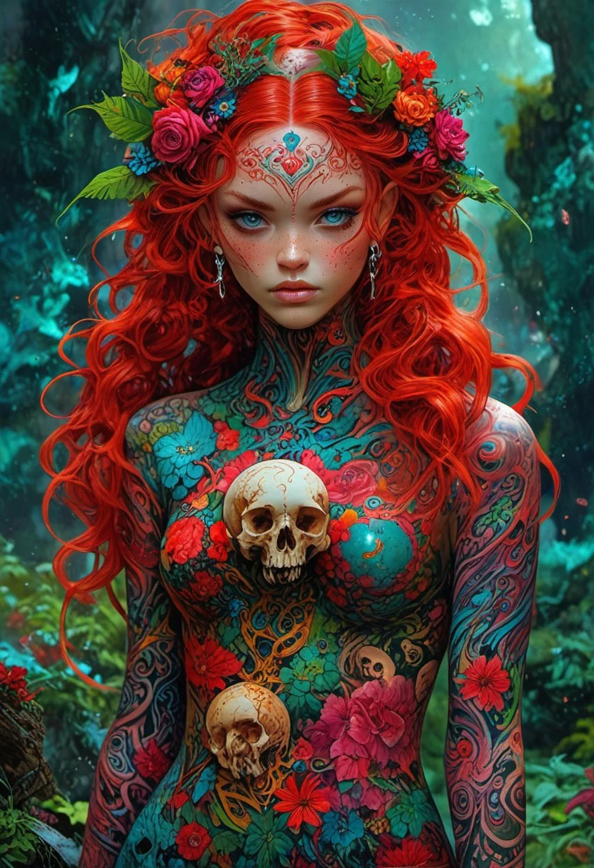 The composition includes evil female, red short dress, curly red hair with glitter, The composition includes beautiful, exotic, magical, surreal, full view, Long teal curly hair, planet intricately detailed, the surreal figure of Long teal curly hair,g0thicPXL,woodland freckled fairy girl swirling magical fairytale abstract artstation style, Skull tattoos, Full skull arm tattoos, Full leg dragon tattoos, flower chest tattoos, unique angle, close up, outdoors, low exposure,