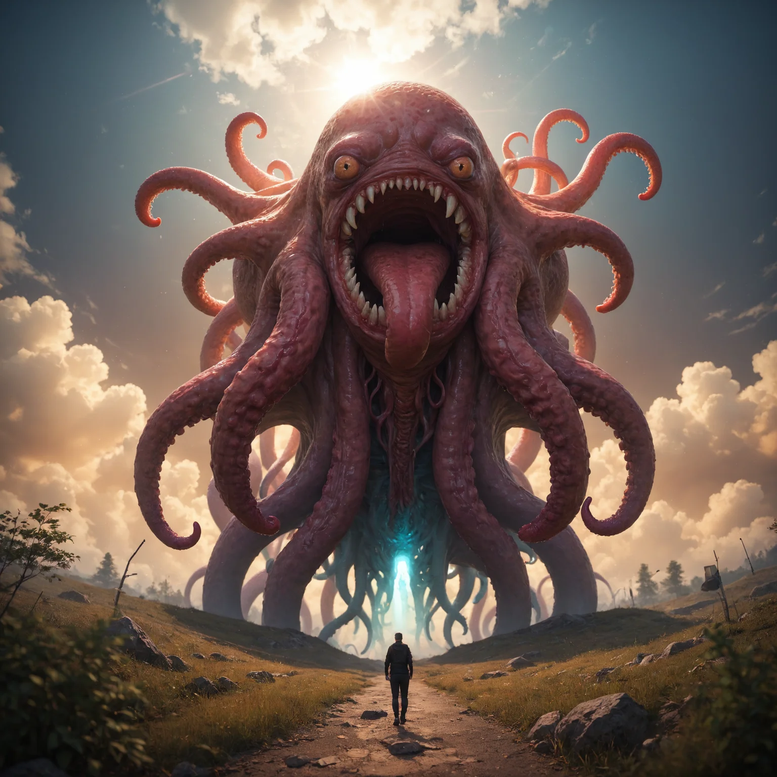score_9, score_8_up, score_7_up, score_6_up, score_5_up, score_4_up,  from below, tentacles, Cthulhu, clouds, mist, daytime, source_photo, a cloudy day when Cthulhu attacks from a portal in the sky, fly,, volumetric lighting, depth of field, cinematic, vibrant, shadows, detailed,