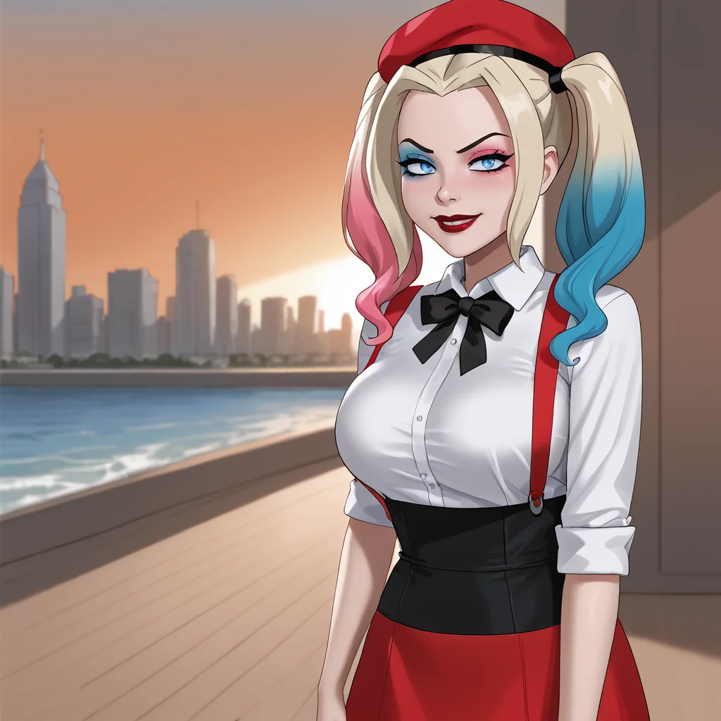 <lora:harleyquinncartoon_pony_v1:0.8> HarleyQuinnCartoon, 1girl, solo, twintails, makeup,blue eyes, large breasts, lipstick,  eyeshadow, blue blonde pink multicolored gradient hair, red lips,  pale skin <lora:0902 Home wear 5_v1_pony:1> ruanyi0902,beret,black ribbon,collared shirt,black pantyhose,high-waist skirt,white shirt,suspenders