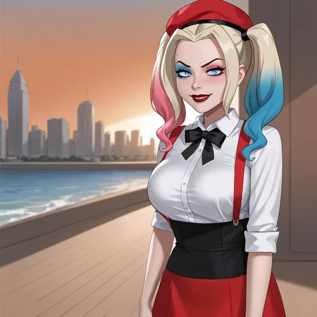 <lora:harleyquinncartoon_pony_v1:0.8> HarleyQuinnCartoon, 1girl, solo, twintails, makeup,blue eyes, large breasts, lipstick,  eyeshadow, blue blonde pink multicolored gradient hair, red lips,  pale skin <lora:0902 Home wear 5_v1_pony:1> ruanyi0902,beret,black ribbon,collared shirt,black pantyhose,high-waist skirt,white shirt,suspenders