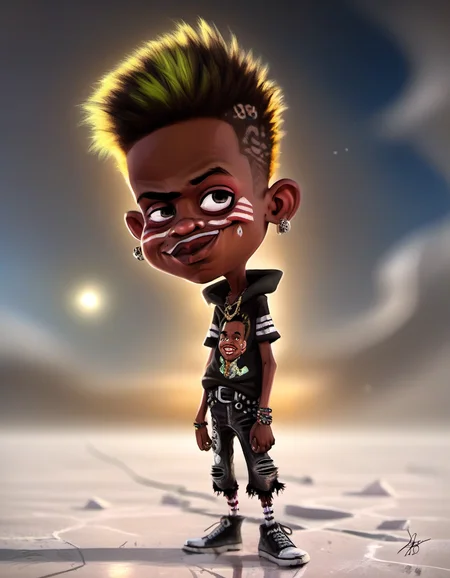 caricature, a Saint Lucian boy punk portrait in Salt Flat, sharp focus, detailed, sub surafce scattering, glow, dust, volumetric light <lora:TOONER_1_RC:0.9>