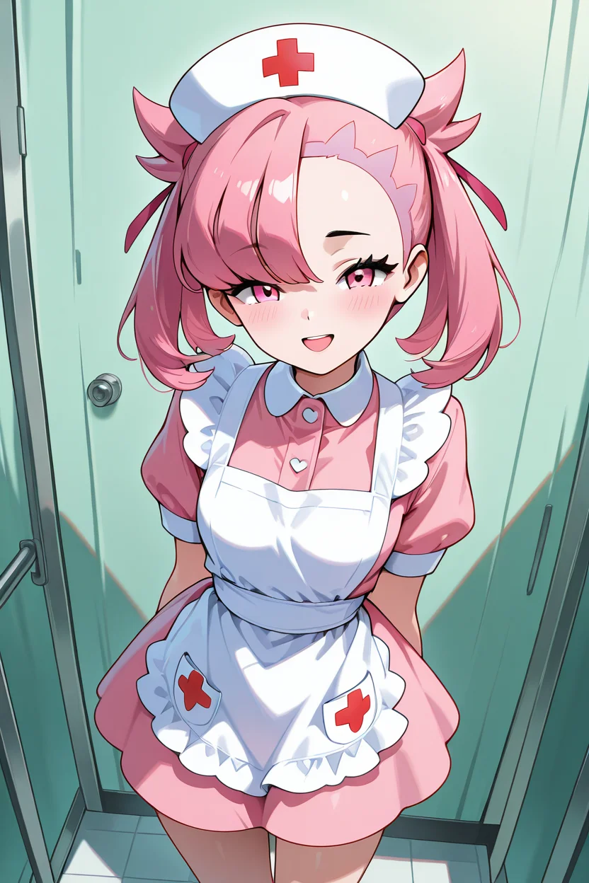 masterpiece, best quality, 1girl, solo, (beautiful eyes), zzNurseMarnieCitron, pink eyes, hair ribbon, medium hair, pink hair, asymmetrical bangs, ribbon, nurse, pink dress, white apron, nurse cap, laughing as she holds a giant stuffed animal prize won for her by her date, standing in front of a brightly lit Ferris wheel, colorful balloons and carnival games in the background, playful and joyful atmosphere, her hair ribbons fluttering in the night breeze <lora:NurseMarnieIXL:1.0>,