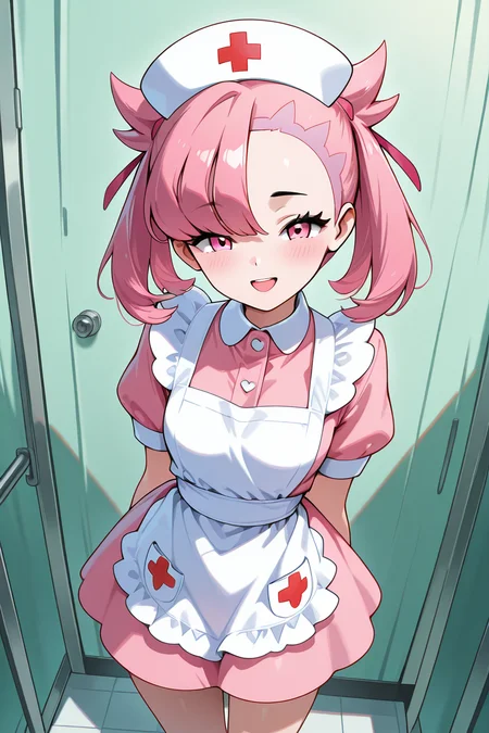 masterpiece, best quality, 1girl, solo, (beautiful eyes), zzNurseMarnieCitron, pink eyes, hair ribbon, medium hair, pink hair, asymmetrical bangs, ribbon, nurse, pink dress, white apron, nurse cap, laughing as she holds a giant stuffed animal prize won for her by her date, standing in front of a brightly lit Ferris wheel, colorful balloons and carnival games in the background, playful and joyful atmosphere, her hair ribbons fluttering in the night breeze <lora:NurseMarnieIXL:1.0>,