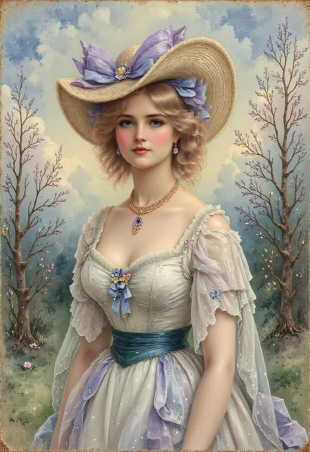 FS. A masterful 19th-century oil painting, imbued with a sense of quiet mystery and refined elegance. This is a bust-length close-up portrait of a young woman with delicate, porcelain-pale skin, enveloped in the soft, diffused glow of an early spring morning, veiled in gentle mist. Her blue eyes, deep and contemplative, seem to reflect the hush of dawn, holding an unreadable expression that lingers between melancholy and quiet curiosity. Her golden-blonde hair, naturally wavy, is partially concealed beneath a finely crafted bonnet, its intricate details rendered with meticulous brushwork.
The hat, a blend of Regency and early Victorian influences, is a wide-brimmed straw bonnet, slightly tilted, its edges softened by the morning haze. It is adorned with layered lace veils, a narrow satin ribbon of muted periwinkle, and delicate hand-stitched floral embroideryâsubtle violets and faded primroses, their petals nearly blending into the fabric. The ribbon ties beneath her chin in an elegant, loose bow, its trailing ends absorbing the ambient colors of the misty dawn.
She is dressed in an ethereal, cream-hued Regency gown, yet the play of colors upon its surface is far from simple. The sheer outer layer, embroidered with a nearly imperceptible pattern of frosted silver thread, shifts in tone depending on the light, reflecting subdued blues, muted violets, and fleeting hints of warm sepia. The bodice, though modest, features an elegant, high lace collar, where shadows settle into the fine filigree of its embroidery. A dark sash of deep forest green or softened charcoal cinches the waist just beneath the bust, grounding the otherwise luminous composition with a touch of understated contrast.
The background melts into an impressionistic, enigmatic landscape, where bare tree silhouettes emerge through swirling mist, their branches adorned with the first hesitant buds of spring. The light is not sharp nor modern, but rather a painterly, diffused glow, as though filtered through layers of mist and shifting cloudsâcool silvers and warm, amber-tinged grays interweaving in a delicate balance. This is not the harsh illumination of a camera flash, but rather the natural interplay of morning light, casting subtle dusky violet shadows, mingling with fleeting golden undertones that catch on the womanâs hair and the embroidered textures of her dress.
The composition remains intimate and focused, drawing the viewerâs gaze toward the womanâs enigmatic expression, the intricate details of her attire, and the interplay of soft light and deep shadows, muted tones and unexpected bursts of complementary color. The painting breathes with a sense of time suspended between dawn and day, past and present, dream and reality.<lora:FS_v2:0.7> <lora:aidmaFLuxPro1.1_v0.3:0.5> <lora:Pastel_Watercolor:1>