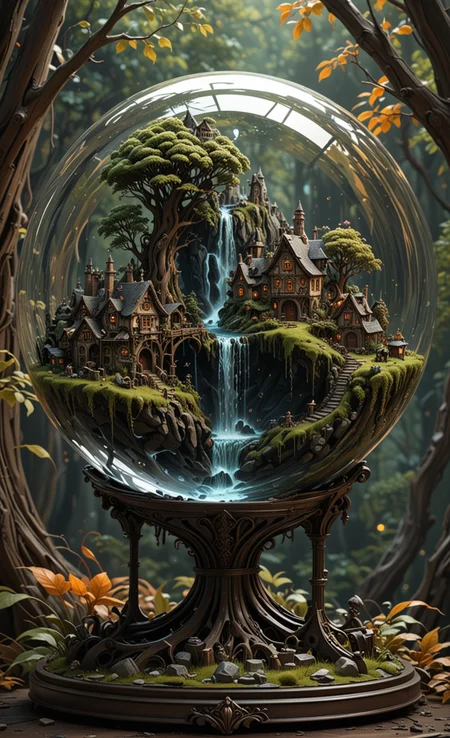 A glass sphere sculpture, concealed inside the sphere is a Hobbits village, Waterfall, in the day, detailed image, 8k high quality detailed, shaped sphere, amazing wallpaper, digital painting highly detailed, 8k UHD detailed oil painting, beautiful art UHD, focus on full glass sphere, bokeh, background Modifiers: extremely detailed Award winning photography, fantasy studio lighting, photorealistic very attractive beautiful imperial colours ultra detailed 3D, (Very Intricate), UHD, <lora:3D_Framed_Wall_Art_-_By_DICE:1>,(3D Framed, Macabre)