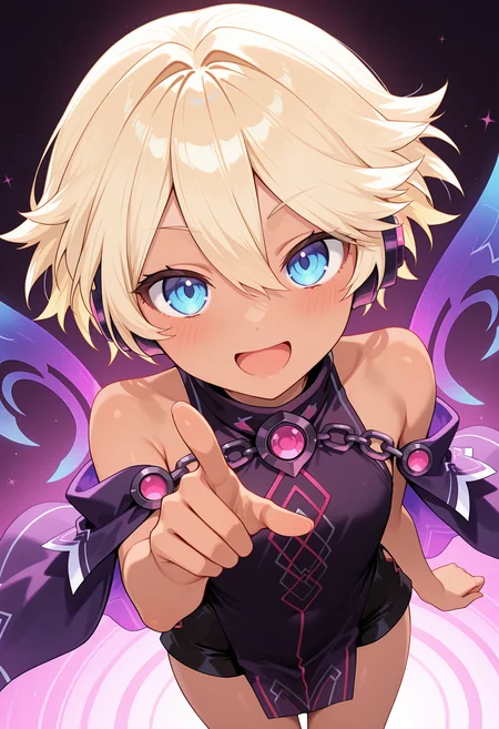 highres, best quality, masterpiece,
1girl, npcroire, short hair, blonde hair, blue eyes, dark skin, headphones,
purple dress, black dress, print dress, chain, sleeveless dress, detached sleeves, fairy wings, two-sided cape, purple cape, black cape,
looking at viewer, blush, smile,
pointing, open mouth, shorts, floating, from above,
<lora:_croire_nep-elesico-ilxl_1:1>