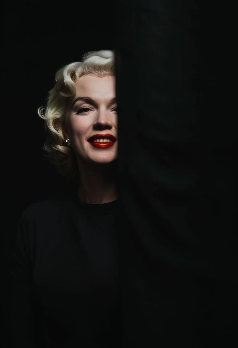 minimal moody closeup portrait of Marylin Monroe emerging from the shadows, closeup focus on the a wistful smile