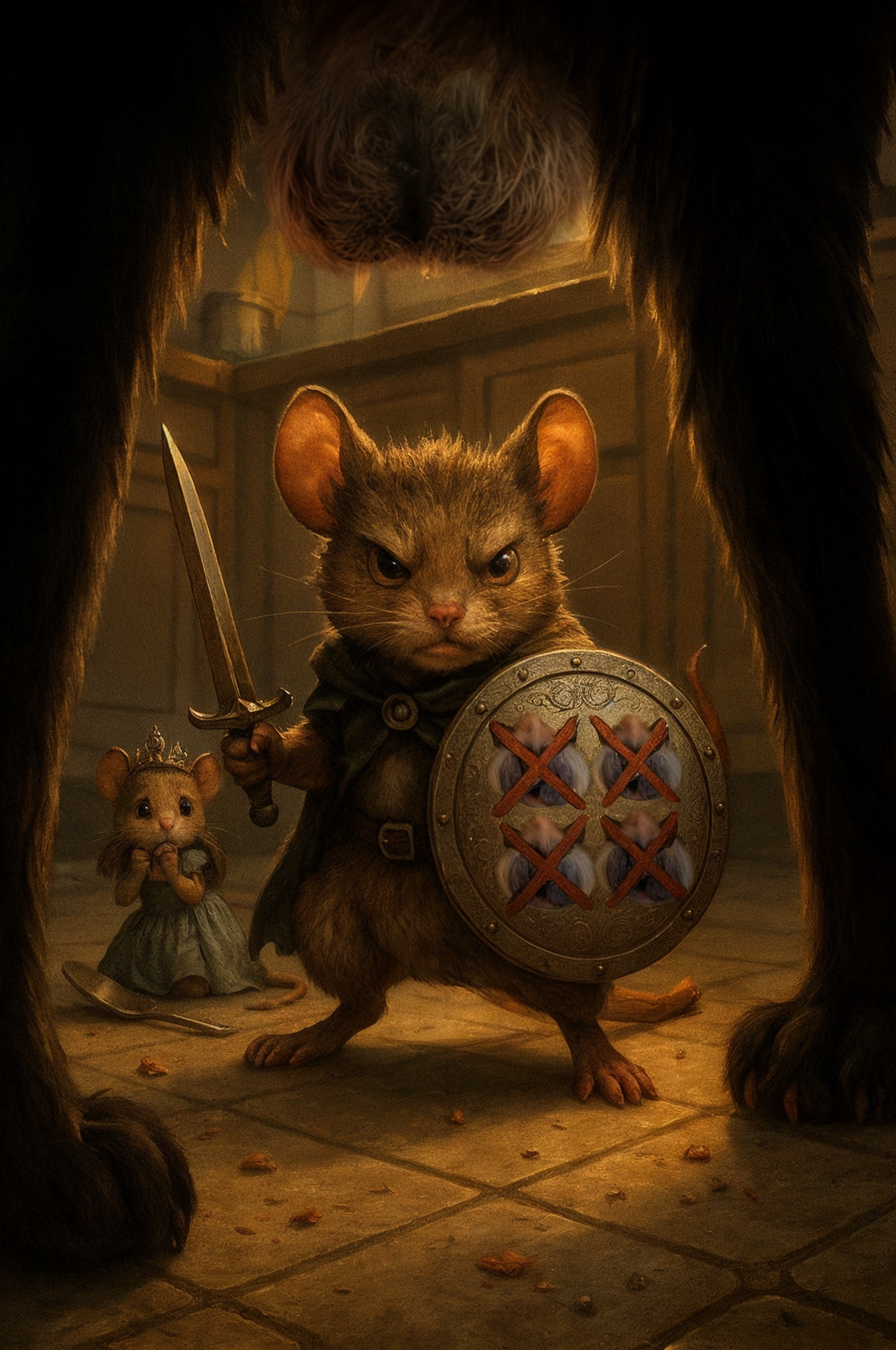A richly detailed digital illustration of a heroic mouse knight standing defiantly on a kitchen floor in a residential house. The mouse is small but fierce, holding a sword in one paw and a round shield in the other. On the front of the shield are four hand-drawn cat faces, each crossed out with a bold red X, surrounded by intricate ornamental filigree patterns etched into the metal.

The mouse's expression is one of unwavering determination—eyes narrowed, stance grounded, fur bristling slightly with tension. Behind him, a mouse princess in a small, torn dress cowers, watching him with a mix of fear and hope. She has a jeweled tiara slightly askew and is hiding behind a fallen spoon or a crumb for scale.

In the foreground, two large feline legs dominate the upper portion of the frame, partially out of focus to emphasize perspective. The viewer sees the scene from beneath the cat—looming and massive in scale, with light from a kitchen window casting sharp shadows. Crumbs, dust, and tile patterns give the floor realism and scale contrast.