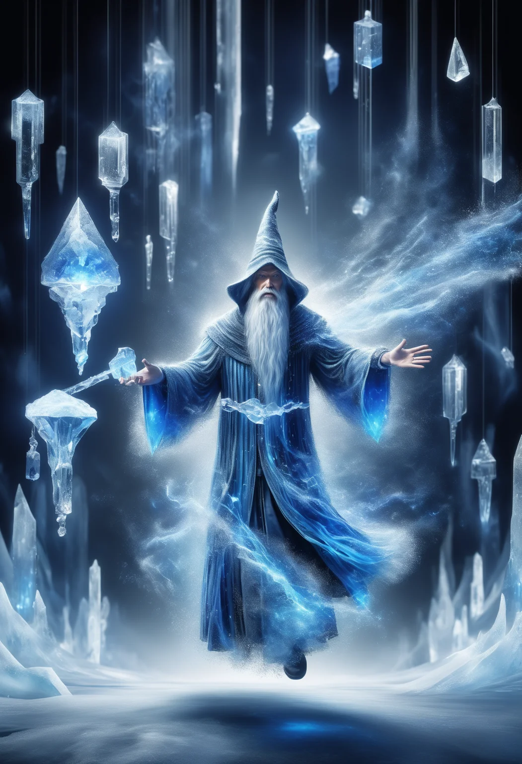 DonMD1g174l4sc3nc10nXL, DonMM1y4XL male wizard ice magic crystalline ice suspended in mid-air, exuding a bone-chilling cold, surface reflective, frosty blue light, icicles floating around, <lora:DonMD1g174l4sc3nc10nXL-000006:1.0> <lora:DonMM1y4XL-v2rb:1>