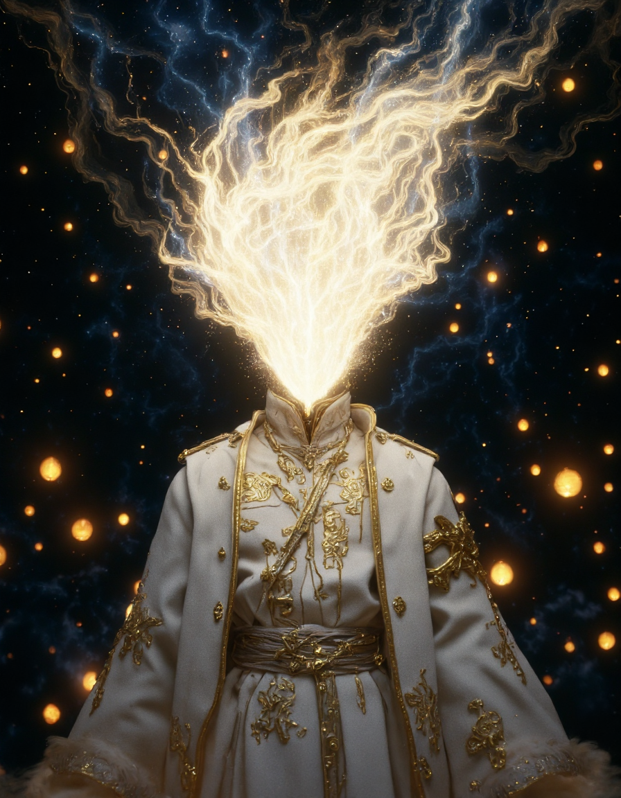 A digital illustration of a mysterious figure with a head composed of flowing, white flames. The figure is dressed in a white jacket with gold patterns and Japanese text. The scene is set against a dark, cosmic background filled with floating lanterns. The perspective is a medium close-up, emphasizing the contrast between the dark background and the bright flames, <lora:FantasyWizardWitchesFluxV2-000001:0.9>, <lora:flux.1_lora_flyway_Epic-Characters_v1:0.6>, <lora:Dever_Flux_Enhancer:0.4>, <lora:CinematicStyleFlux_v1:0.7>