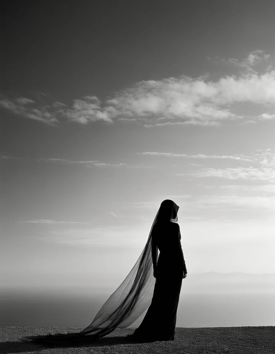 Capture the enigmatic beauty of "Veiled Mystery," a minimalistic black and white landscape by Hiroshi Sugimoto. This photograph features a lone woman in a veil standing at the horizon, her form gradually fading into darkness. Elements of the veil are caught in the wind, flying gracefully in the foreground, creating a dynamic interplay of light and shadow. The perfect alignment of the horizon and the woman's silhouette emphasizes the vastness and solitude of the scene, evoking a sense of quiet mystery and artistic elegance.