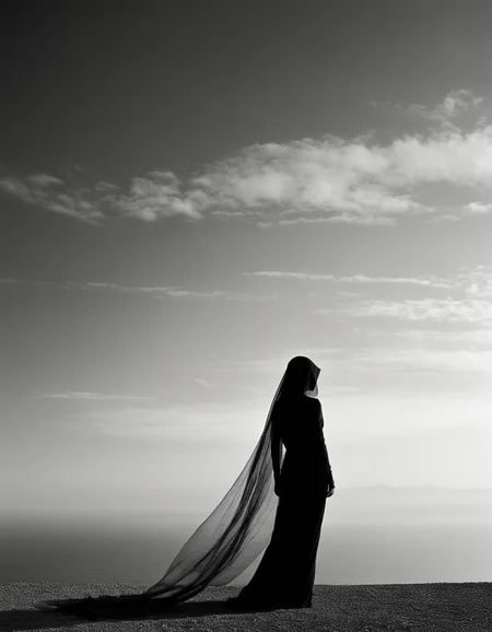 Capture the enigmatic beauty of "Veiled Mystery," a minimalistic black and white landscape by Hiroshi Sugimoto. This photograph features a lone woman in a veil standing at the horizon, her form gradually fading into darkness. Elements of the veil are caught in the wind, flying gracefully in the foreground, creating a dynamic interplay of light and shadow. The perfect alignment of the horizon and the woman's silhouette emphasizes the vastness and solitude of the scene, evoking a sense of quiet mystery and artistic elegance.