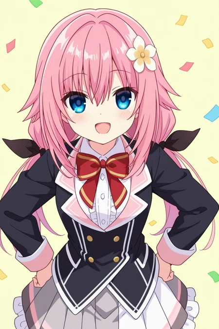 <lora:HamidashiCreative:1>, HamidashiCreative, 1girl, solo, hands on own hips, long hair, skirt, smile, looking at viewer, open mouth, blue eyes, bow, hair ornament, twintails, pink hair, frills, frilled skirt, hair flower, long sleeves, low twintails, pleated skirt, grey skirt, school uniform, red bow, flower, cowboy shot, confetti, :d, hair between eyes, yellow background, shirt, white shirt, standing, ribbon, hair bow, hair ribbon, white skirt, jacket, bowtie, black ribbon