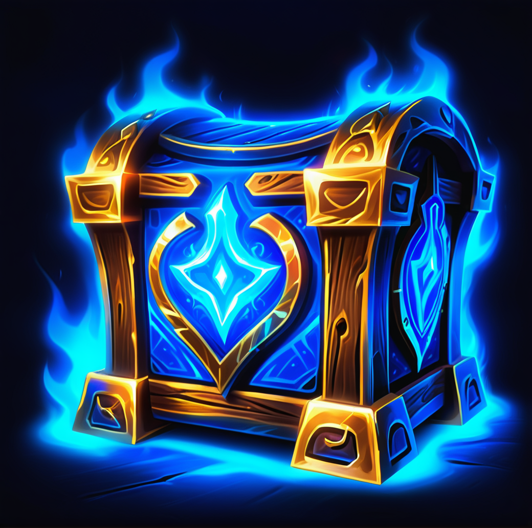 digital game illustration, mystical chest, glowing blue flames, ethereal energy, stylized, fantasy, treasure chest, dark background, magical object, metal accents, wooden texture, intricate design, blue illumination, digital art, high contrast, 3d rendering, game asset ,<lora:æ¸¸æ-000002:0.6>