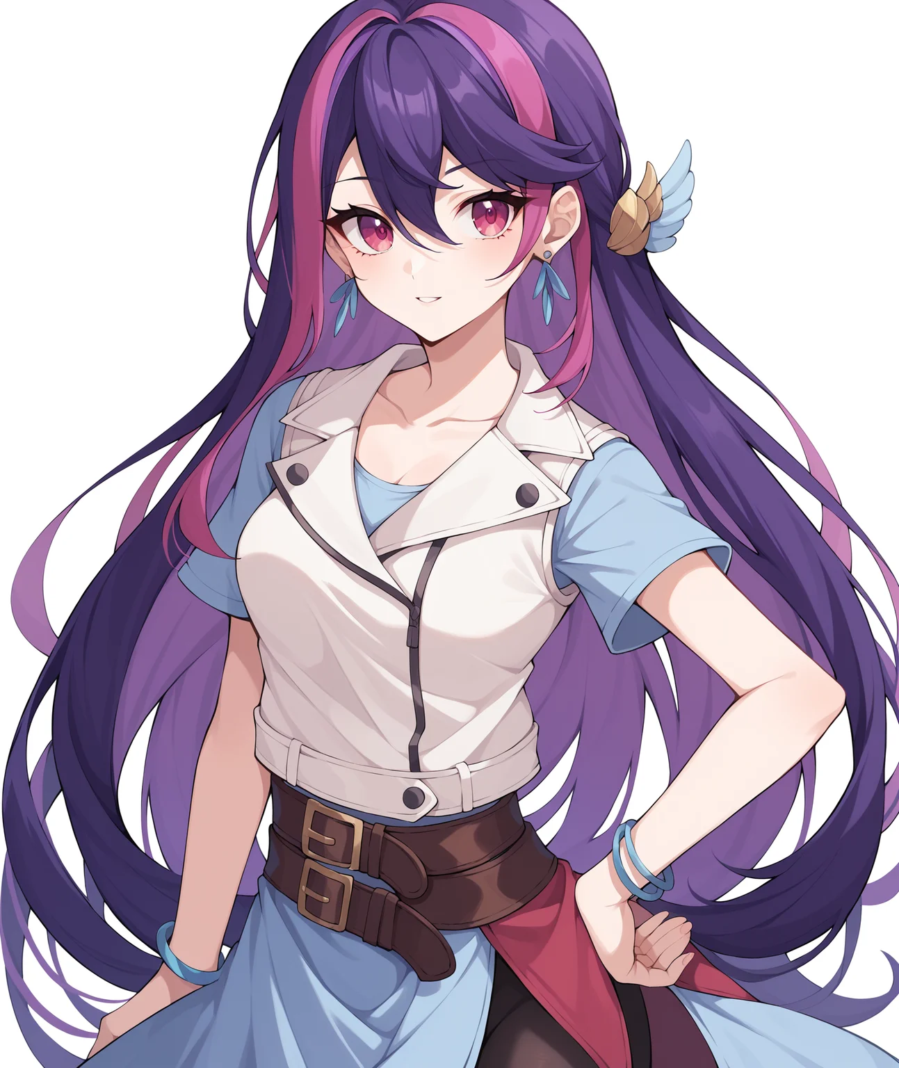 score_9, score_8_up, score_7_up, score_6_up, score_5_up, score_4_up, BREAK, source_anime, best quality, masterpiece, 2d, intricate details, official style, anime, 4k, anime style,
pobsidian, 1girl, solo, hair between eyes, very long hair, purple hair, long hair, pink eyes, two-tone hair, breasts, bangs, hair ornament, red eyes, streaked hair, 
dress, collarbone, jacket, short sleeves, vest,pantyhose, multicolored hair, sleeveless, belt, black pantyhose, brown belt, jewelry, earrings, bracelet, kurosaki ruri,
hand on hip, cowboy shot, looking at viewer, white background, simple background, <lora:add_details_xl:0.4>, <lora:Obsidian_Pony:1>
