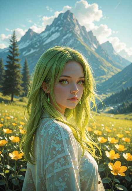 impressionism (1.5), perfect eyes, high detail, depth of field, (blurred background), (dramatic lighting),masterpiece, best quality,((asd123)),very aesthetic,8k, (( neon green-yellow)),
a vibrant colorful photo of a beautiful landscape in the mountains
outdoors, Tree, Flower, Location , Scenery , Cloud