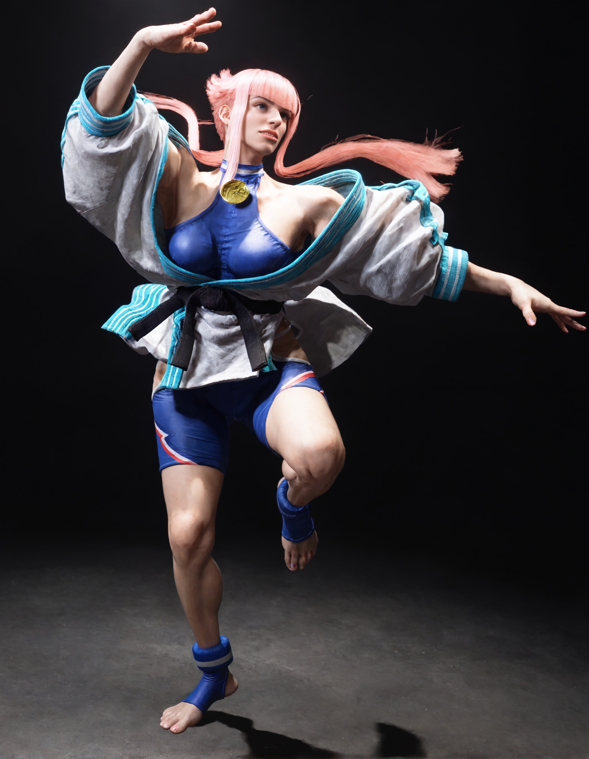 score_9, score_8_up, score_7_up,score_6_up,high resolution,mnon,mnon hair,3d,photo,realistic,pink hair,1girl,solo,full body,toeless legwear,jacket,bodysuit,jumping,in air,kick,leg up,volumetric lighting,rim lighting,dof,dramatic shadow,chiaroscuro