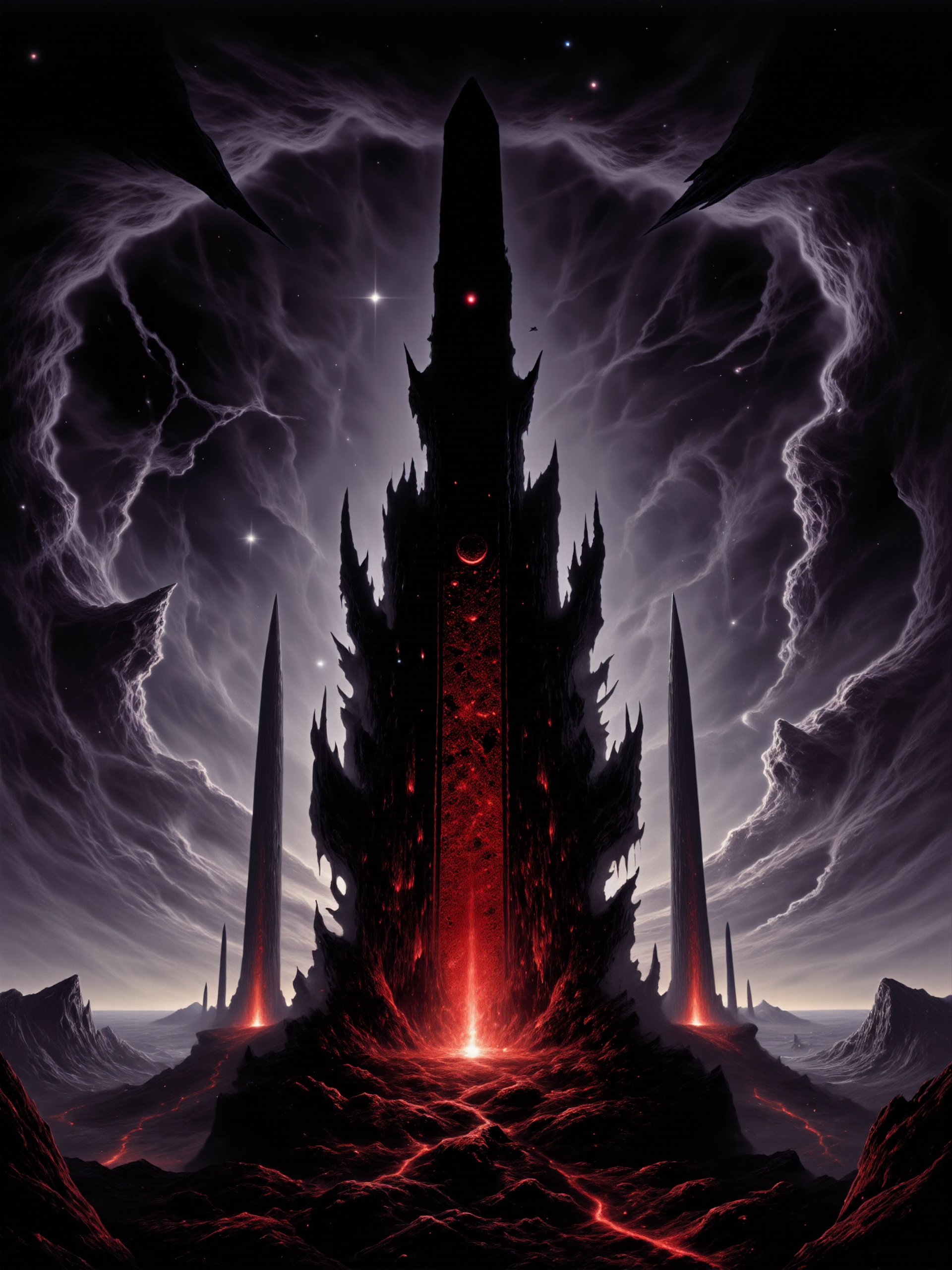 movie poster art, famous artwork in the style of dan mumford, eldritch dark fantasy painting, oil on canvas, an ominous, otherworldly landscape with towering obelisks in perfect symmetrical composition piercing the sky, each one obsidian black and jagged, the scene is set at an extremely low angle, forcing the viewer to gaze up at the immense monoliths, the perspective is distorted, making the obelisks feel overwhelming and oppressive, the focus of the image is a glowing red ornate artifact, hovering at the center of the composition, its surface swirling with eldritch energy, faint, pulsing light radiates from it, casting eerie red reflections on the surrounding ground, it stands out sharply against the surrounding darkness, drawing the eye toward its mysterious power, in the background, jagged rock formations rise from the barren, deserted landscape, their sharp edges silhouetted against the dark, foreboding night sky, far off in the distance, the terrain appears cracked and broken, the remnants of an ancient, forgotten world, the sky itself is a swirling mass of dark purples, deep greys, and faint red hues, with faint streaks of ethereal light cutting through the clouds, it feels heavy and oppressive, as though reality itself is bending under the weight of cosmic forces, the lighting is dramatic and minimal, the only source of illumination is the faint glow from the eldritch artifact and the dim light of the stars scattered across the sky, long shadows are cast across the rocky ground, adding to the sense of mystery and abandonment, the overall atmosphere is dark, eldritch, and mysterious, evoking a sense of unease, the scene feels deserted, with the obelisks standing as silent, ancient watchers of a forgotten and cursed land, the composition is symmetrical, adding an unnatural order to the chaotic landscape, while the palette of black, dark greys, reds, and purples emphasizes the eerie, ethereal quality of the image, highly detailed, intricate details, james web space telescope, cosmos, nebula in the sky, art by brom, <lora:style-gerald_brom-flux-by_darmox:0.48>  <lora:james_webb_space_telescope-flux-by_motimalu:0.4> <lora:style-dan_mumford-v2-flux-by_tangbohu:0.64> <lora:style-fantastic_landscapes-flux-by_artifyai:0.52> <lora:image_enhancer-flux-by_dever:0.8>