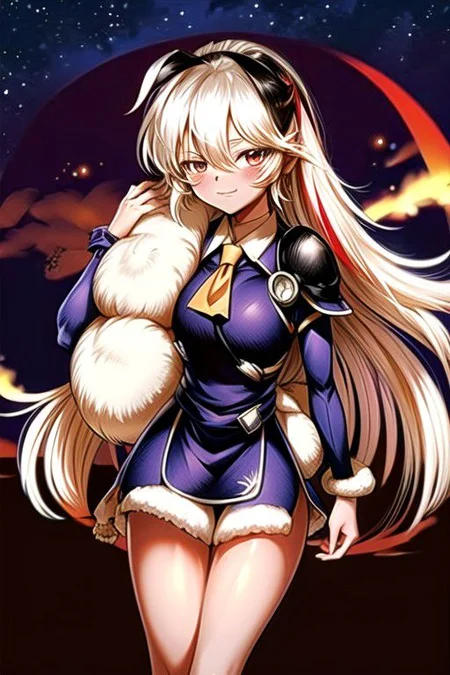 best quality 1girl Setsun4 solo long hair, (night time) forest background black hair very long hair purple eyes multicolored hair armor, small, (fur trim) (medium body),<lora:EMS-179-EMS:0.800000>,<lora:EMS-293862-EMS:0.800000> bow, hair_bow, hair_tubes, red_bow, brown_hair, long_hair, bangs, ascot, frilled_bow, yellow_ascot, blush, smile, hair_between_eyes, athletic, armor, miko, strengthmda, Smiling, happy
