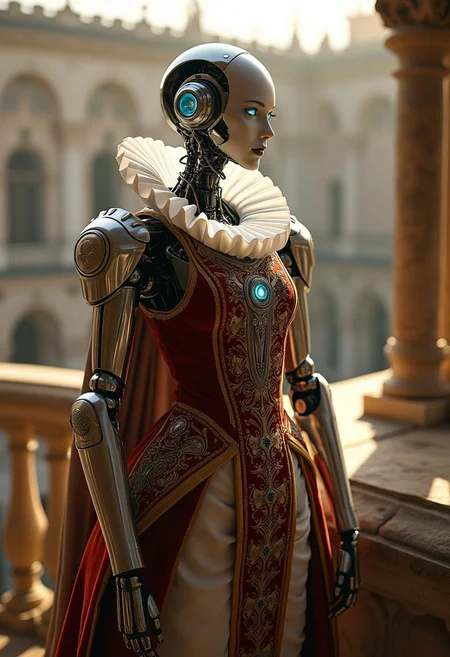 (masterpiece), (hyper realistic), (8k, ultra sharp), (cinematic lighting), (photographic depth of field), ((futuristic humanoid robot)), sleek silver and chrome limbs, exposed joint wiring, glowing blue eyes, posing gracefully in elaborate Renaissance attire, intricate ruffled collar, embroidered velvet doublet, silk hose, ornate gold-trimmed cloak, standing on stone balcony overlooking a sunlit Renaissance courtyard, warm golden afternoon light, dignified expression, (Baroque painting style), (blended sci-fi and historical aesthetic), Hasselblad H6D full body portrait, softly glowing highlights, fine fabric textures, Baroque, Cyberpunk, Futuristic, cinematic