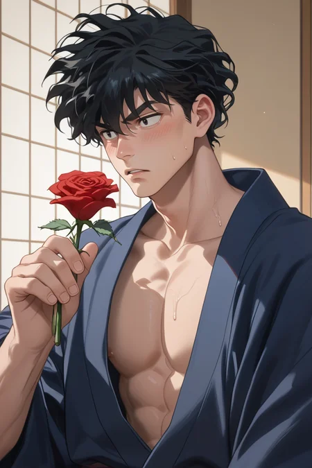 gay male, zPDXLxxx, source_anime, score_9, score_8_up, score_7_up, score_6_up, score_5_up, score_4_up <lora:Tatewaki_Kuno:0.7> 1boy, male focus, tatewaki_kuno, black hair, black eyes, thick eyebrows, japanese clothes, kimono, open clothes, large pectorals, holding red roses, blushing <lora:Expressive_H:1> startled expression, expressiveh