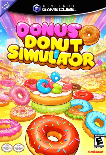 anime artwork <lora:GCNBoxArt:1> GCNBOXART, "donut simulator", title, food_focus, no_humans, . anime style, key visual, vibrant, studio anime,  highly detailed