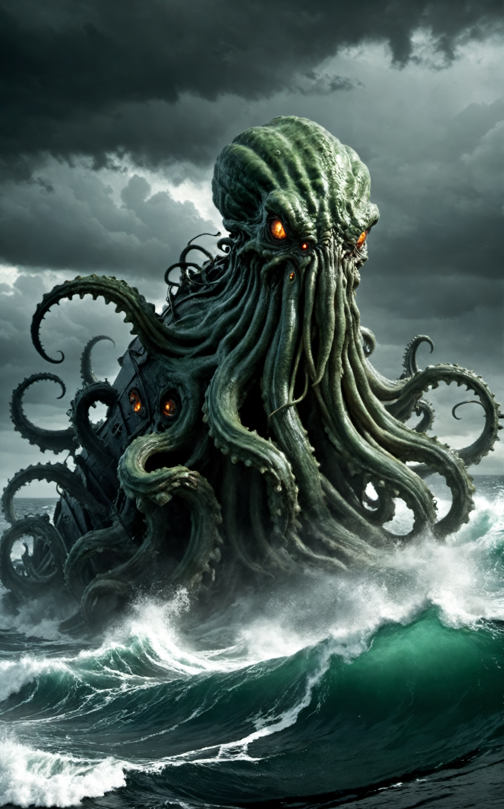 (HP Lovecraft Sea Tentacle Monster, Cthulhu attacks trawling boat), fierce storm raging, chaotic waves crashing, dim light flickering, eerie shadows, subsurface scattering