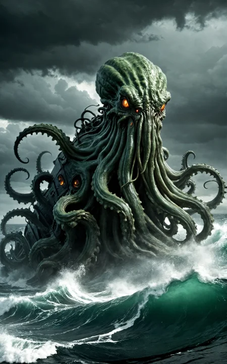 (HP Lovecraft Sea Tentacle Monster, Cthulhu attacks trawling boat), fierce storm raging, chaotic waves crashing, dim light flickering, eerie shadows, subsurface scattering