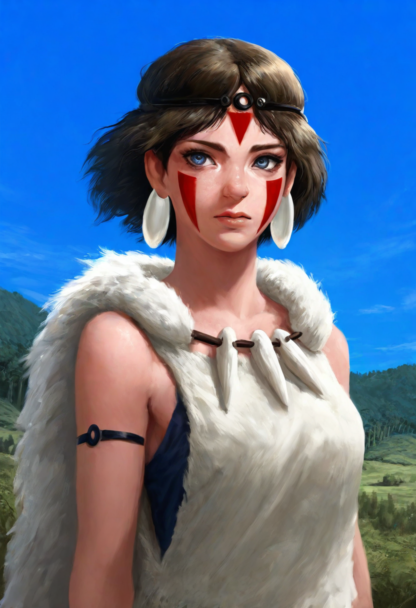 manzaneedostyle, masterpiece, dark_fantasy, hyper_realistic, painting,  best quality, princess mononoke, blue eyes,  tribal clothing, wooded area, blue sky, bust shot