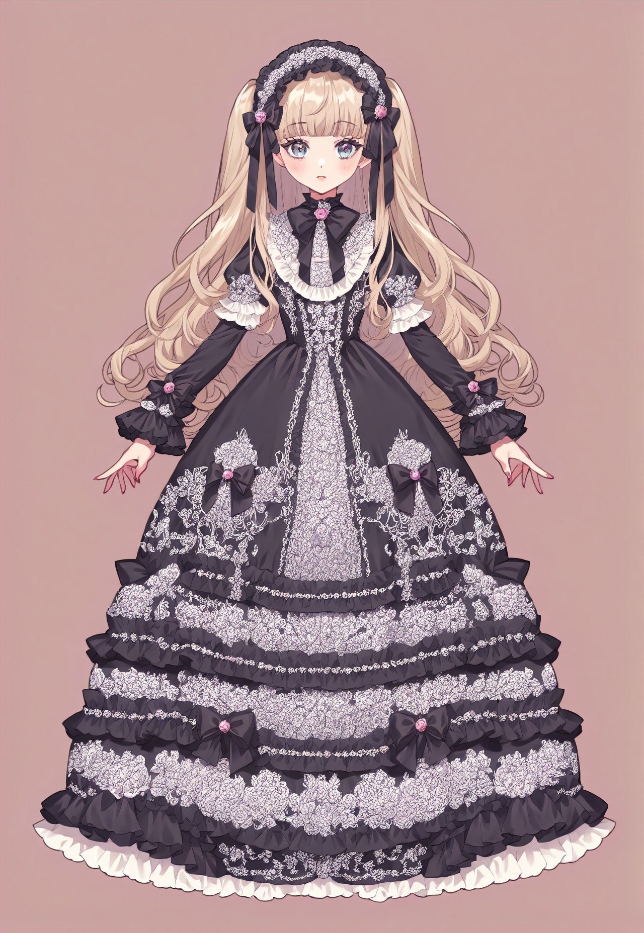 ((fullbody)) 1girl, lolita_fashion, hyperdetailed clothing and fashion, detailed dress, ornate dress, print dress, bow, ribbon, lolita_hairband, frills, ruffles, hair ribbon, hair ribbons