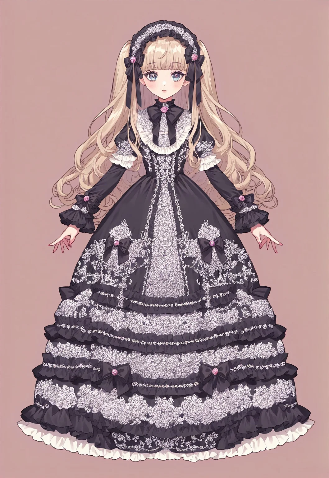 ((fullbody)) 1girl, lolita_fashion, hyperdetailed clothing and fashion, detailed dress, ornate dress, print dress, bow, ribbon, lolita_hairband, frills, ruffles, hair ribbon, hair ribbons